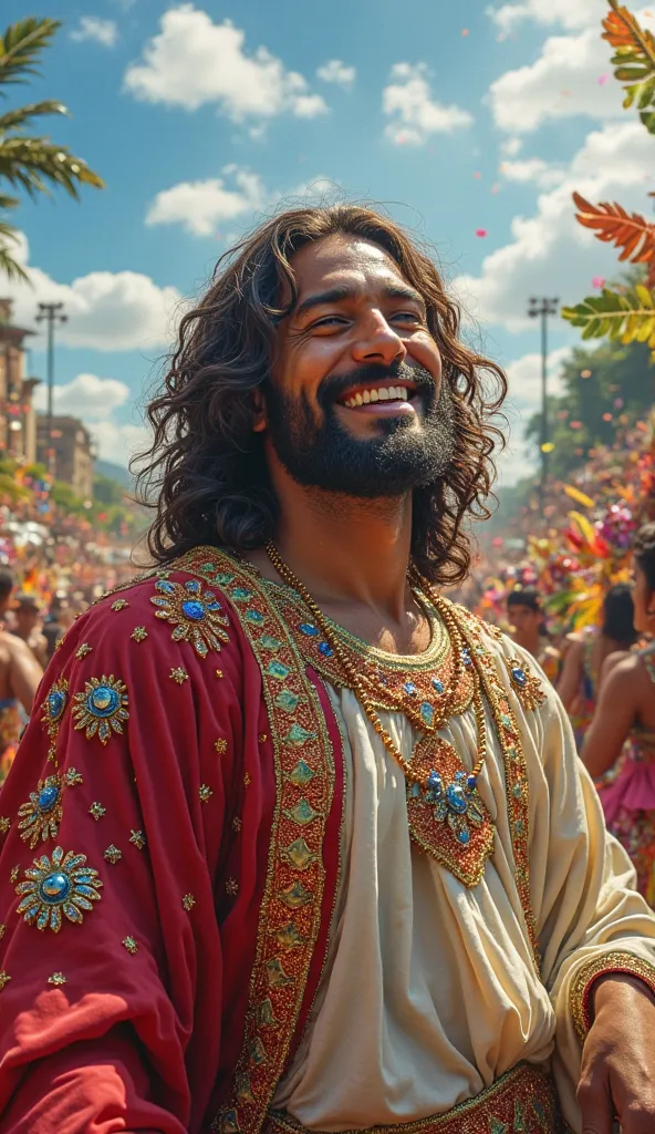 **Prompt:**  

"Create a highly realistic and vibrant portrait of Jesus dressed in an extravagant carnival costume, adorned with glitter, sequins, and colorful feathers, embodying the festive spirit of Rio de Janeiro. He is mid-laugh, radiating joy and war...