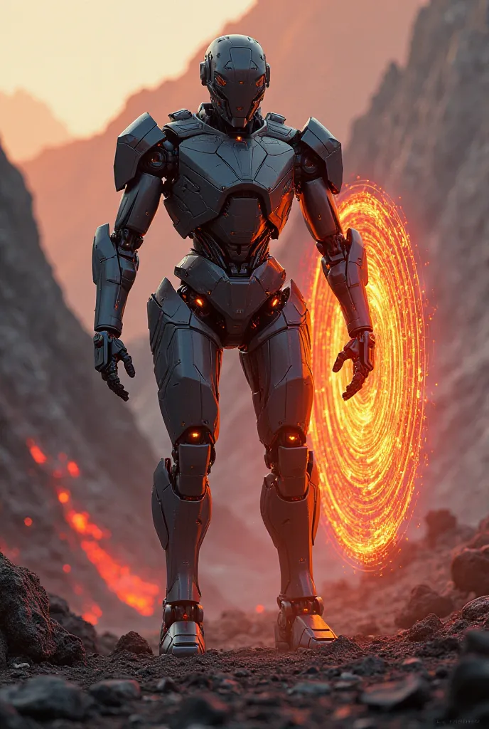 black robot with a lava-colored energy shield