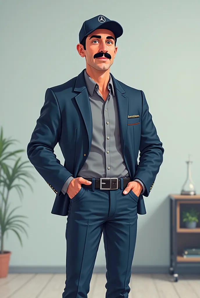 Make the image of a slightly tall brown man, bald , with mustache , at 40 years old,A suit from Mercedes-Benz and an electrician gray shirt dark blue pants and him with a black cap , Cartoon format 