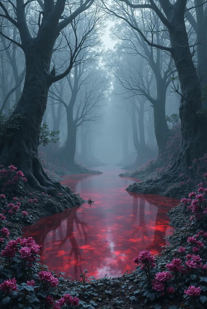 A lake of blood in the middle of a forest with flowers