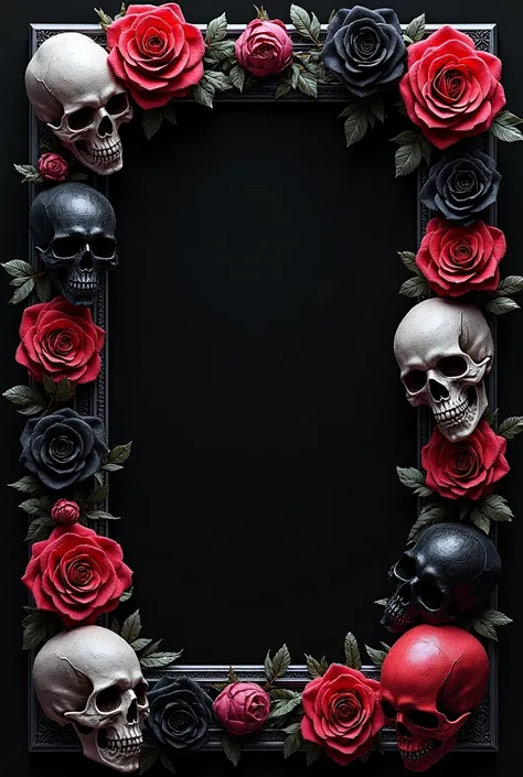 tarot deck frame, Skull skulls on the edge,  red roses, Black roses and dark purple roses all around, rectangular black background, vibrant colors, Realistic image