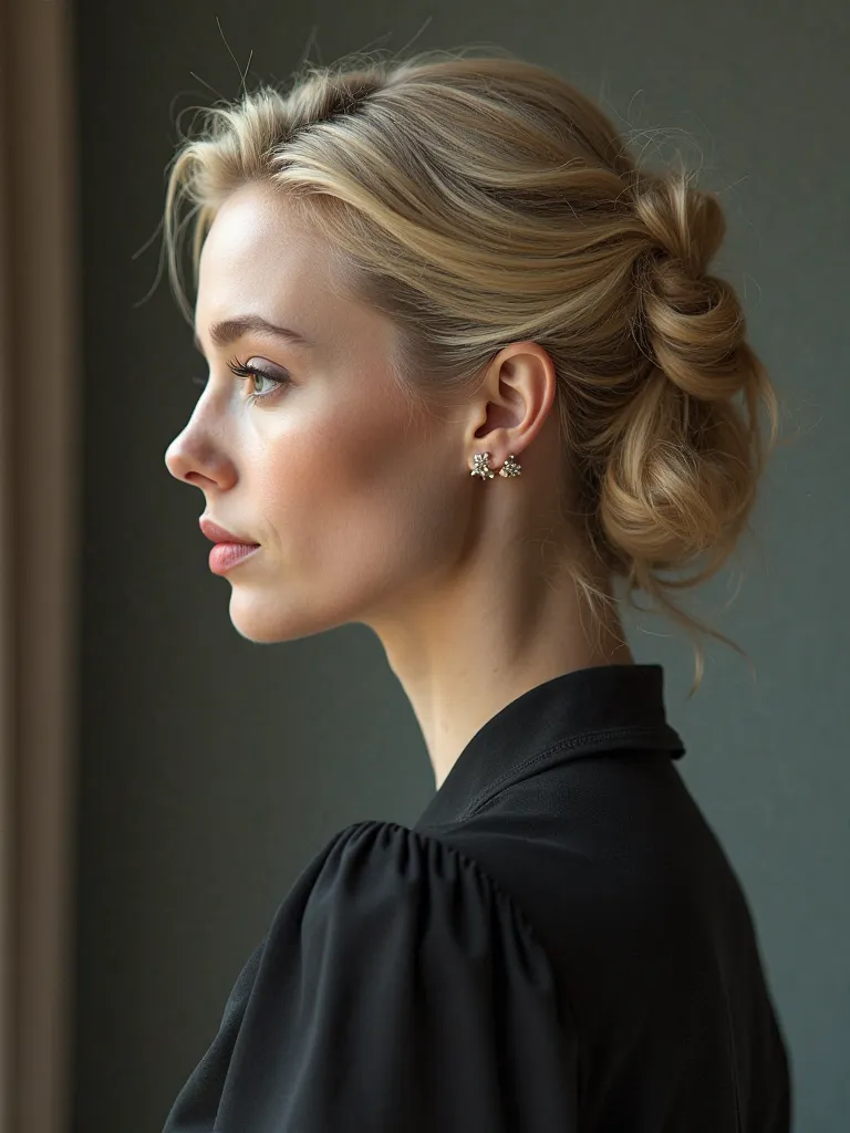 profile picture of a woman with blonde hair gathered in a hairpin side view