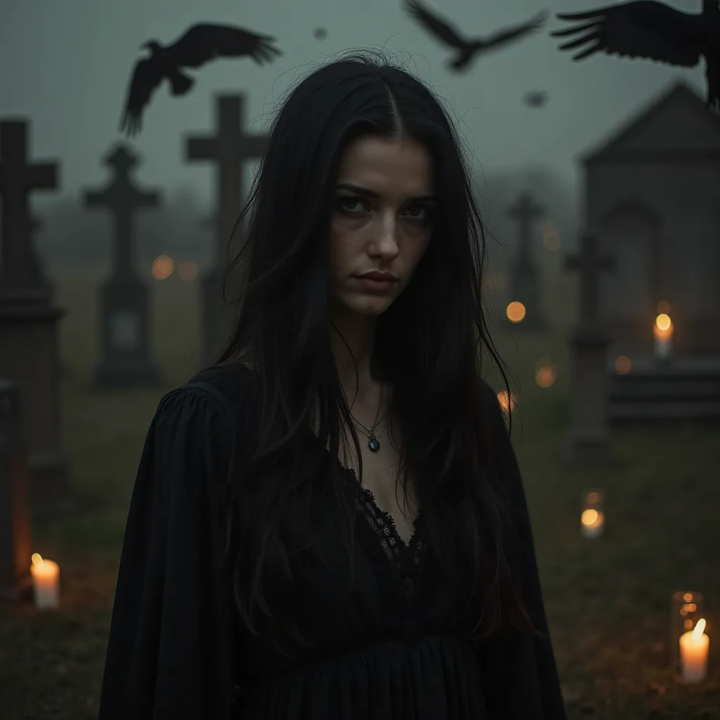 Create an image of a pale woman with straight, messy and dehydrated long black hair, do her in a long black dress with some lace rips, make her look as if she were drunk, do her in a cemetery at night with candles and flying vultures, make her drink a bott...