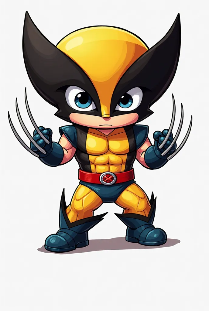 Draw Wolverine in 2D with these traits: 

The characters have large, rounded heads, with large, expressive eyes. The bodies are small and simplified, with short limbs and few visible joints, reinforcing the visual and funny.
The lines are clean and simple,...