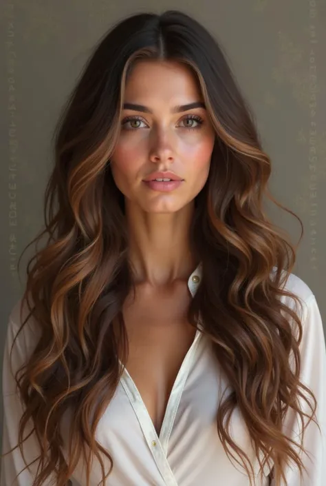 close-up of a woman with long hair and a white blouse, photorealistic painting by Irakli Nadar , победитель конкурса cg society, digital art, long wavy brown hair, Julia Sardinia, long  brown wavy hair, long wavy brown hair,  brown wavy hair,  long flowing...