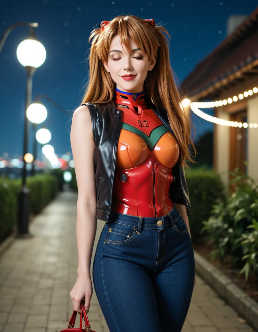 Asuka Langley Sōryū /  Evangelion, An 18-year-old girl wearing black jeans and a leather jacket, long red hair, make-up, Deep red lips,  closed lip vest, slight smile, eyes closed, lost look, medium breasts, Not suitable for work,  fat ass, thick thighs, w...