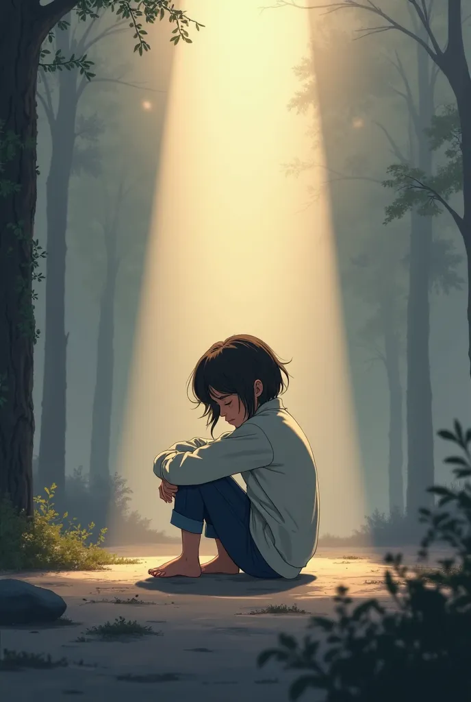 A person sitting on the floor with a sad expression,  hugging knees . The surrounding scenery is gray, reflecting a difficult day. But above her , a soft ray of light begins to shine. Disney/Pixar-style art