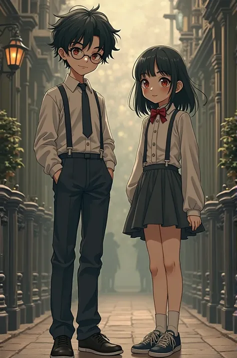 Victorian style illustration anime Black curly haired boy with glasses wearing a suit and suspenders and is pale as a ghost next to a straight haired girl wearing casual clothes and sneakers