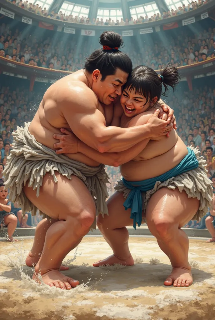 Sumo wrestling between a boy and a girl where they grabbing each other ass