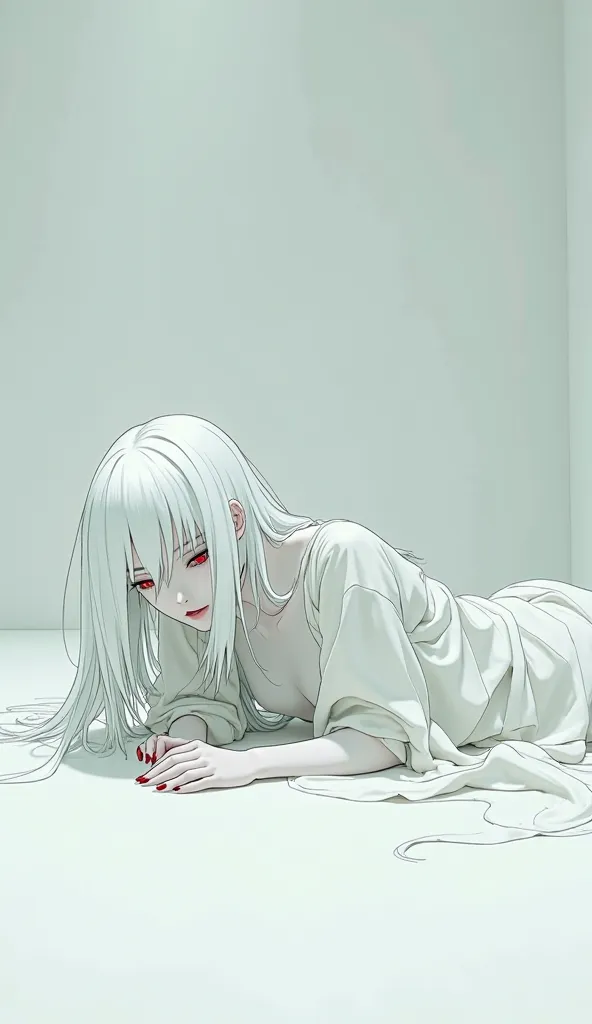 Imagine a completely white woman prostrated on her side on a completely white floor, she is tall,  long white hair, villain, anime. only eyes aren't white. right eye is green and left eye is red
unconscious-like, both arms down, unnatural white skin, head ...