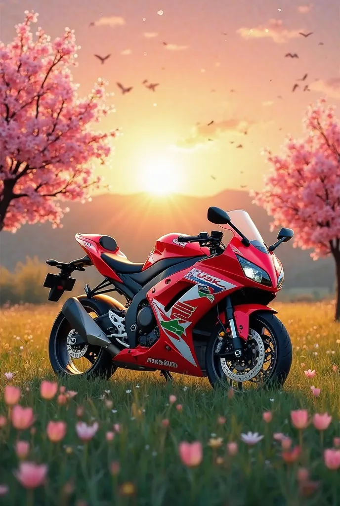 A Kawasaki Ninja 650 in the colors red, white, Lila,  black and green . A landscape with a few cherry blossom trees and a few flowers. sunset and the Kawasaki should stand in a meadow and slightly shimmering. With the inscription Angelina