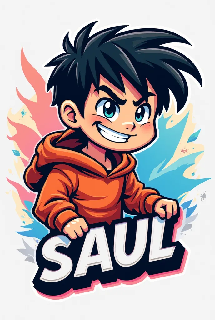 Create me a mascot logo where the mascot is a black-haired gamer boy with a sweatshirt and underneath it has the letters SAUL