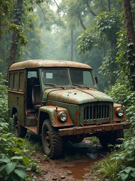 A slightly damaged and rusty Russian Hunter UAZ  in a wild thick jungle forest, rusty, 