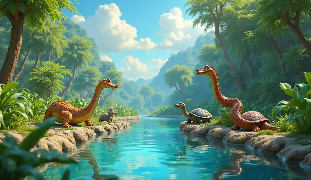  Disney Pixar style. A vibrant and colorful jungle, with lush green trees, a crystal clear river,  and a brilliant blue sky . Animated reptiles like snakes, Lizards, turtles and alligators appear playing and interacting with smiling ren.