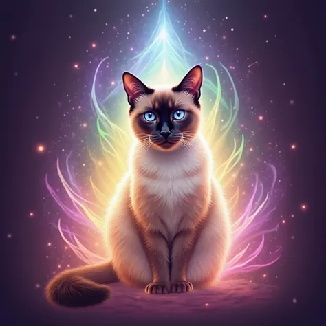 Siamese cat, surrounded by a multi-layered aura. The aura must be bright and iridescent, with smooth color gradients: from deep purple and blue at the top to soft green, golden yellow and orange at the bottom.  Add soft ,  blurred lines , to convey the ene...