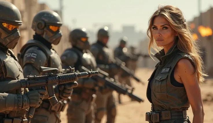 In a post-apocalyptic world, Melania Trump is the leader of the resistance. She wears a leather vest, tactical gloves, and a belt of ammunition. Her hair is disheveled, but her eyes are full of determination. Across from her is a group of armored Mexican b...