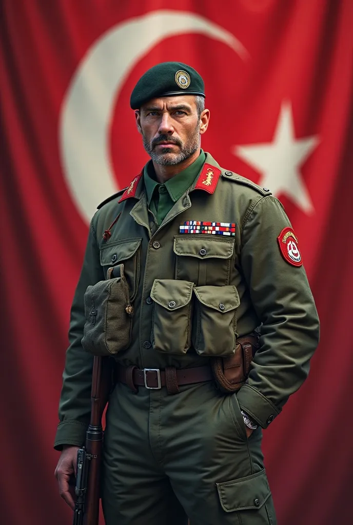 Turkish Gendarmerie expert sergeant 27 years old beardless Turkish flag on background 