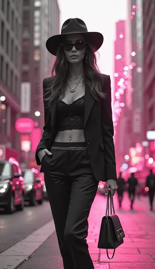 A captivating image of a fashionable woman walking confidently through the bustling streets of a city., Exuding an air of modern elegance and power.. She is dressed in an elegant style., Black outfit with shiny details: a fitted blazer over a crop top comb...