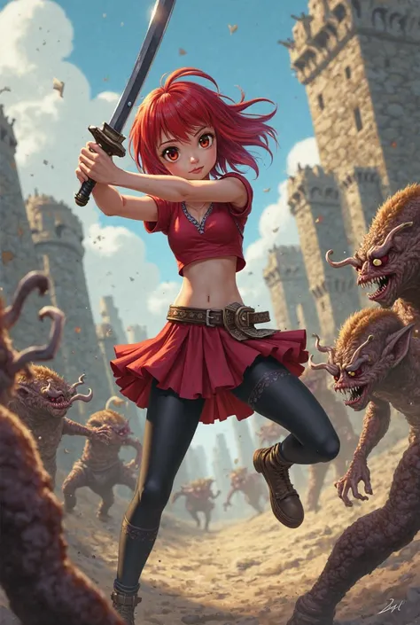 human girl anime style, wearing red short mini skirt, black pantyhose, red t-shirt, cheastplaet and black shoes with a Katana in her hands fighting with some Goblins in a medievil enviroment