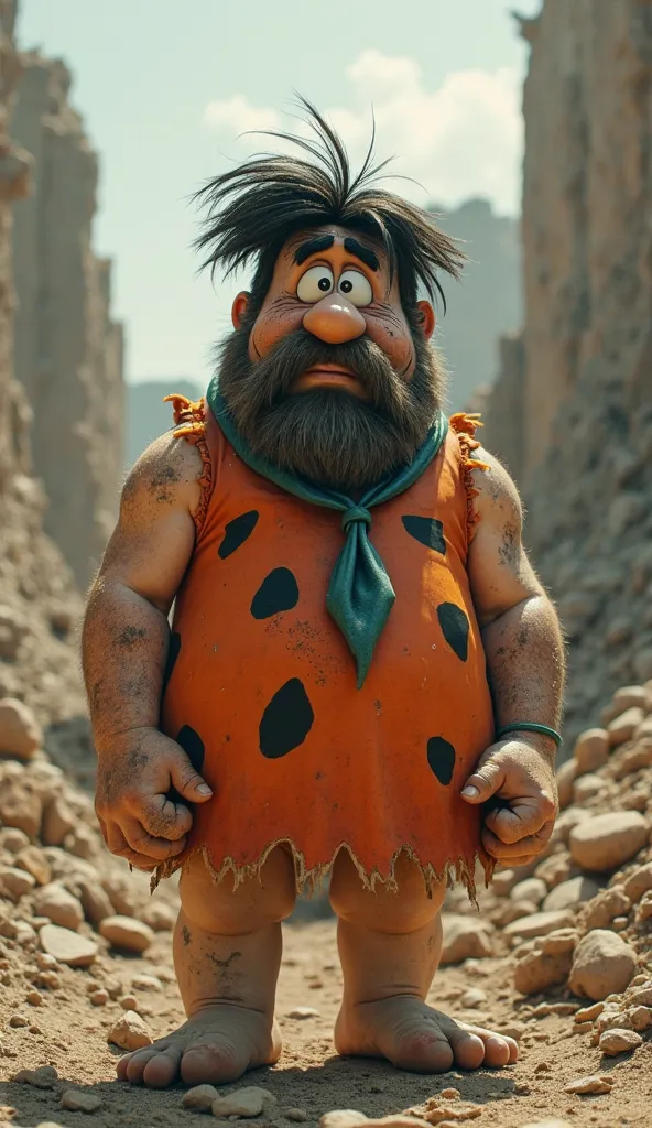 Fred Flintstone in a scenario post-apocalyptic, ultra realistic and hyper-detailed.  He seems lost in time , a caveman thrown into a devastated future. His face is aged,  Covered in scars , dust and soot, with confused eyes filled with despair. His beard g...