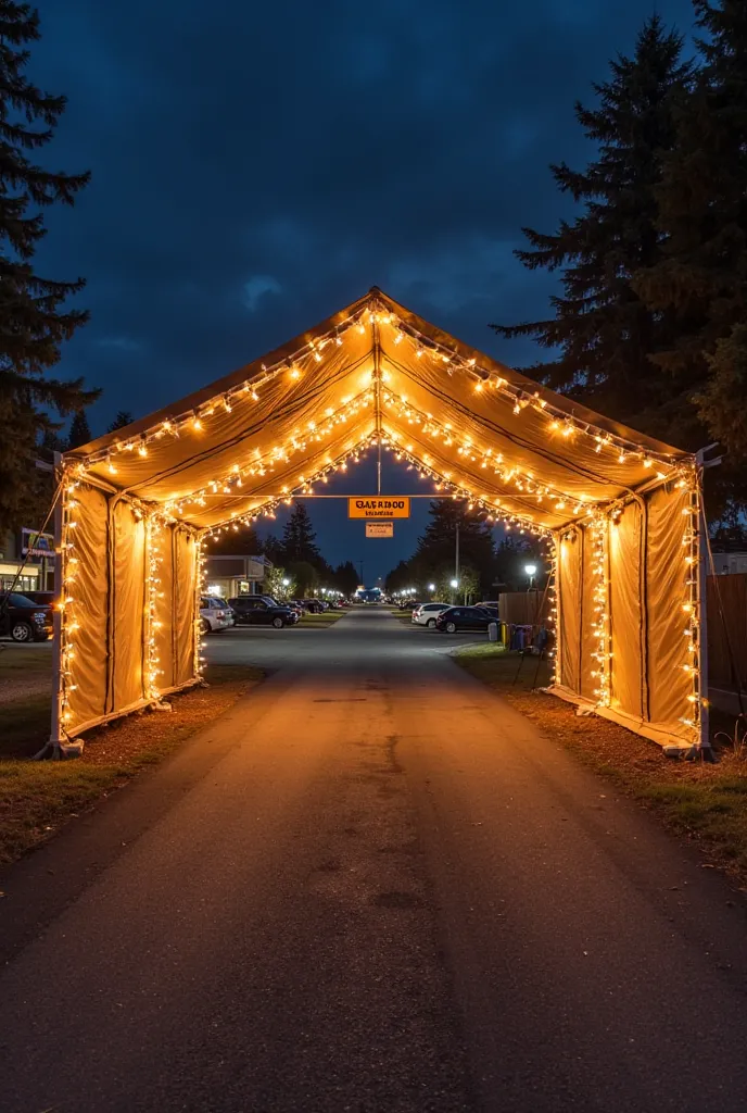 Create a drive through like a tent style with christmas lights on it and a route sign for all customers lining up and also make the car park near the tent drive through with all signage. Make the drive through tent name as Garangao Station.