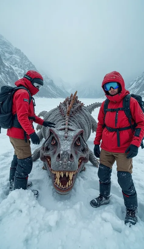 Three explorers, dressed in red jackets, black backpacks, black thermal panties up to the nose, snow goggles, red jacket hats on, reinforced brown pants and black boots, they find the remains of a huge carnivorous dinosaur trapped in the ice, with skin sti...