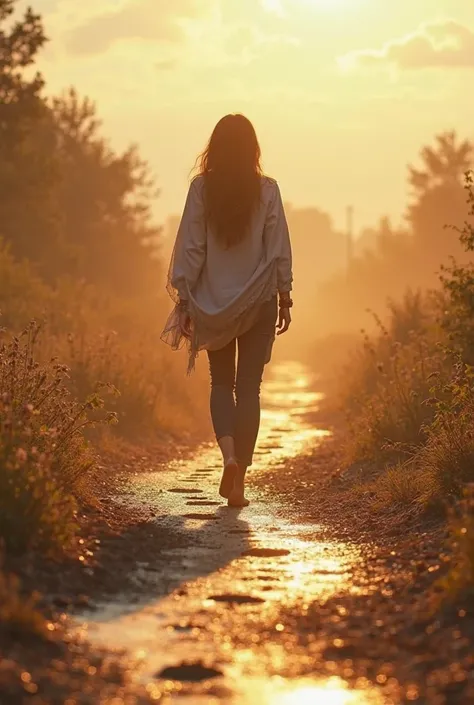 Salma walking forward on a sunlit path – The ground is still wet from the rain, but the sky is clear. She walks with confidence, leaving footprints behind—symbolizing her journey and growth.



