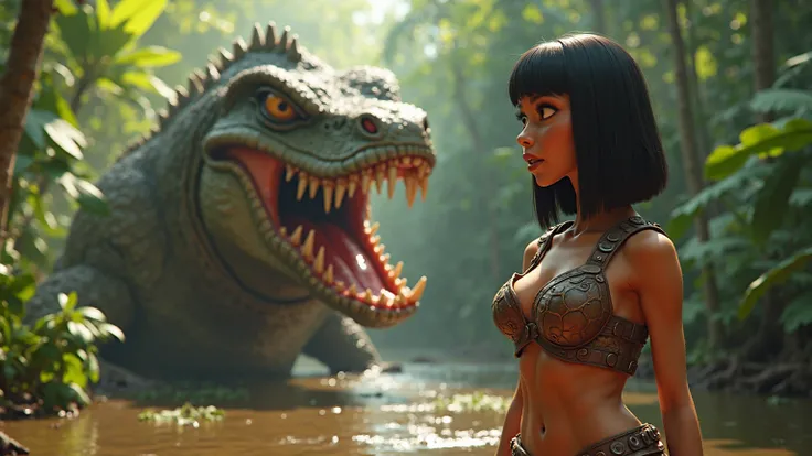 A Pixar style shot of an oblivious muscular woman on the left facing forward, dressed in a sexy Amazonian armor, brown skin, straight black bob cut with blunt bangs, large breasts, round butt, and curvy figure. Behind her is a giant lizard opening its mout...