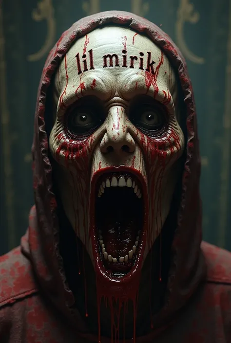 Horror mask covered in blood,  that says "Lil Mirik"