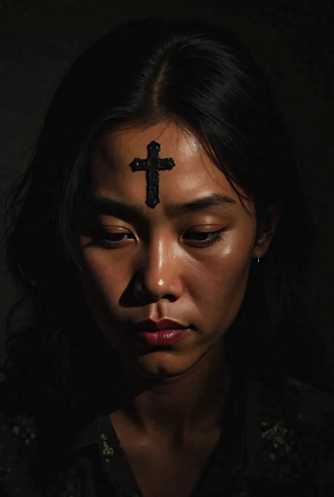 Ash wednesday. Ash cross on forehead, filipino lady. Dramatic lighting