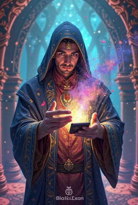 Make me an image of a magician (Style Merlan the Enchanter) who smokes and sprinkles magic powder on an iPhone. All in an animated style with a multicolored decor