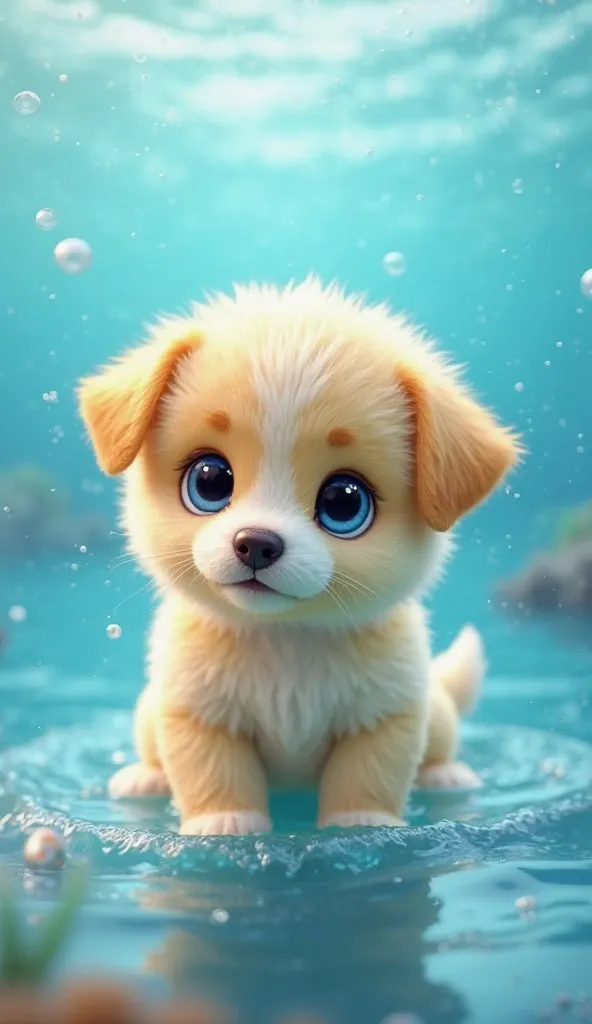 Beautiful little fluffy puppy(blue eyes. Light yellow  colour)are sitting in the sea in 3D animation 