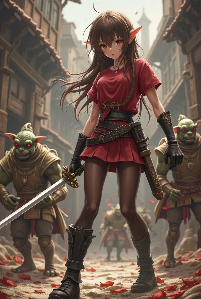 girl anime-realistic style, human race, brunette long hair, brown eyes, wearing peto metálico de armadura en el torso, red short mini skirt, black transparent pantyhose, red t-shirt,  and black shoes with a Katana in her hands fighting with some Goblins in...