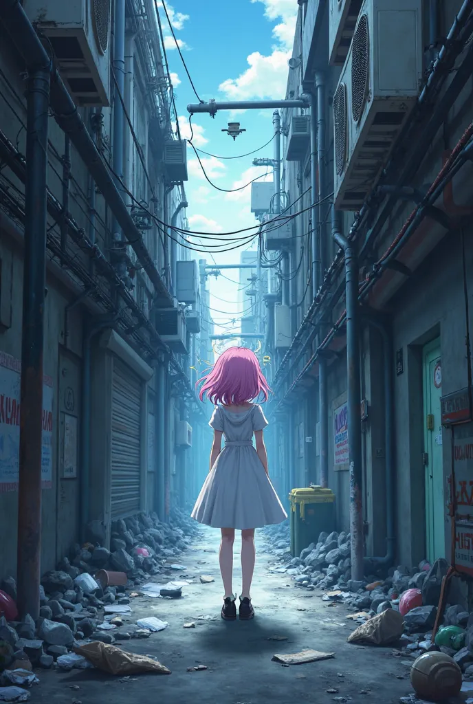 ((masterpiece, best quality)),With a girl, Alone,  dress, standing,  halo,  backstreet, outdoor, bangs, White  dress,,Girl with Pink Hair、Blue eyes with both eyes、, black footwear, industrial pipe, watching viewers, Air conditioning,dark lighting, garbage,...