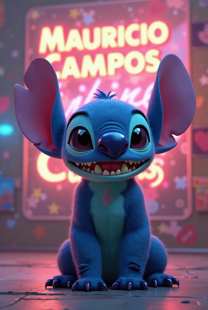 Make an image of stich in which it is located on a background with the name "Mauricio Campos " Big behind him