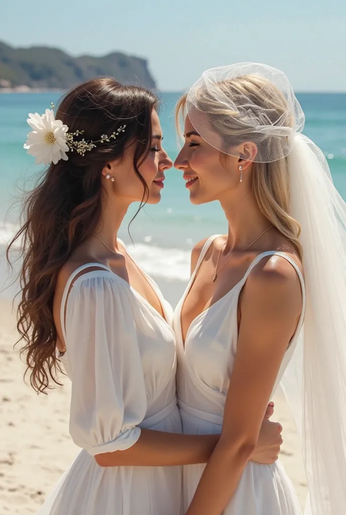 Make a realistic image with the following description:

The background is a beach wedding scene. There are two women , At your wedding. The first woman on the left, with loose dark brown hair and a white ribbon in her hair. She is wearing a white wedding d...