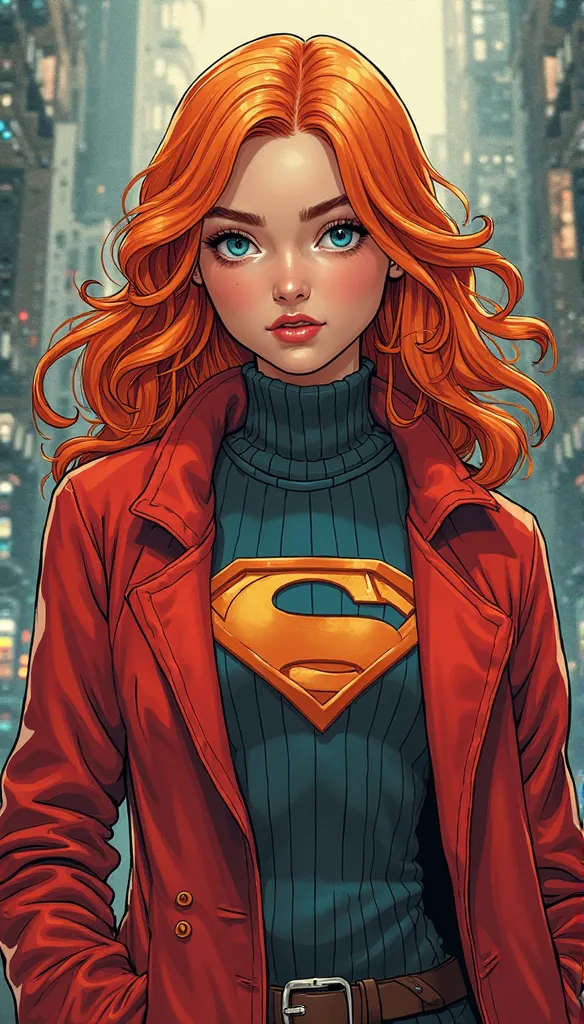 DC comic panel 18-year-old girl with orange hair and blue eyes in a red coat and a bell-shaped sweater  