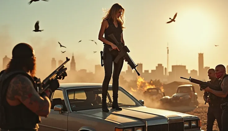 The midday sun illuminates the ruins of a destroyed metropolis. Melania Trump stands on the roof of an overturned car, dressed in a black tactical vest and tight leather pants. In her hand is a powerful machine gun. Below her is a group of cartelists, dres...