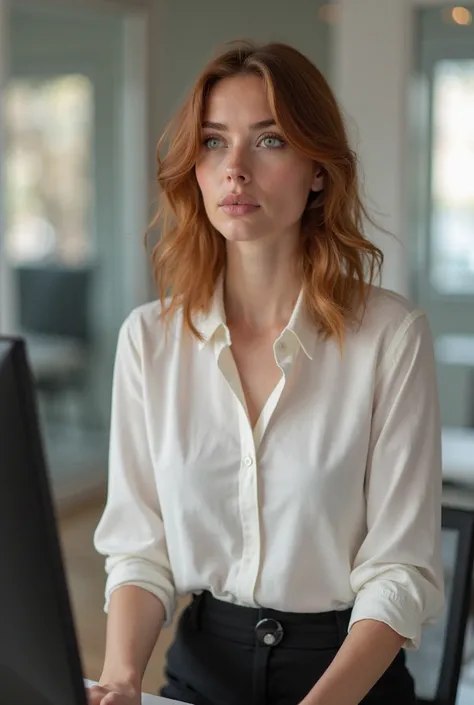 Léa, a 28-year-old with shoulder-length chestnut hair and green eyes, is working on a project in a modern office in Nice. She is wearing a white blouse and black trousers, focused on her computer screen. (Photorealistic:1.2), (natural lighting:1.1).