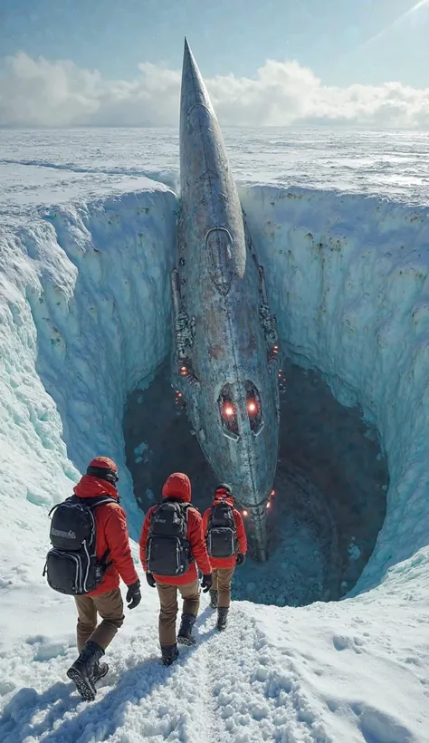 Three explorers, dressed in red jackets, black backpacks, black thermal panties up to the nose, snow goggles, red jacket hats on, reinforced brown pants and black boots, are approaching the edge of a crater more than 200 meters in diameter. in the center, ...