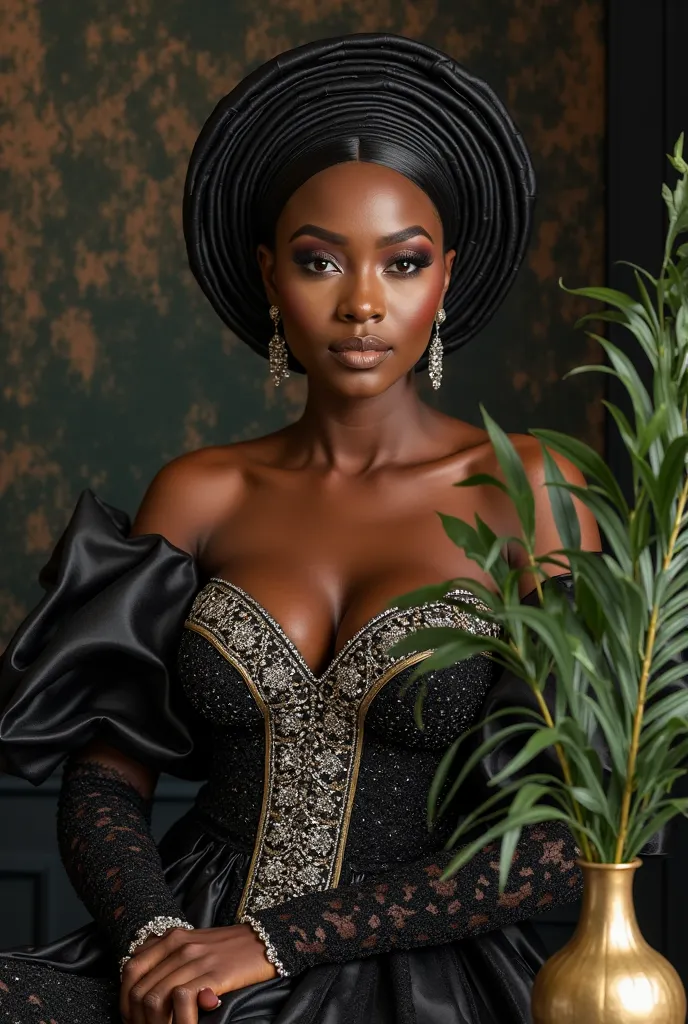 A close up ful realistic image of a beautiful Yoruba Nigerian size 14 woman Melanin skin,wearing a dramatic  sequence material  straight gown with corset embellished with dazzling stone, with a statement sleeves,with a flawless makeup,tying a round shape g...