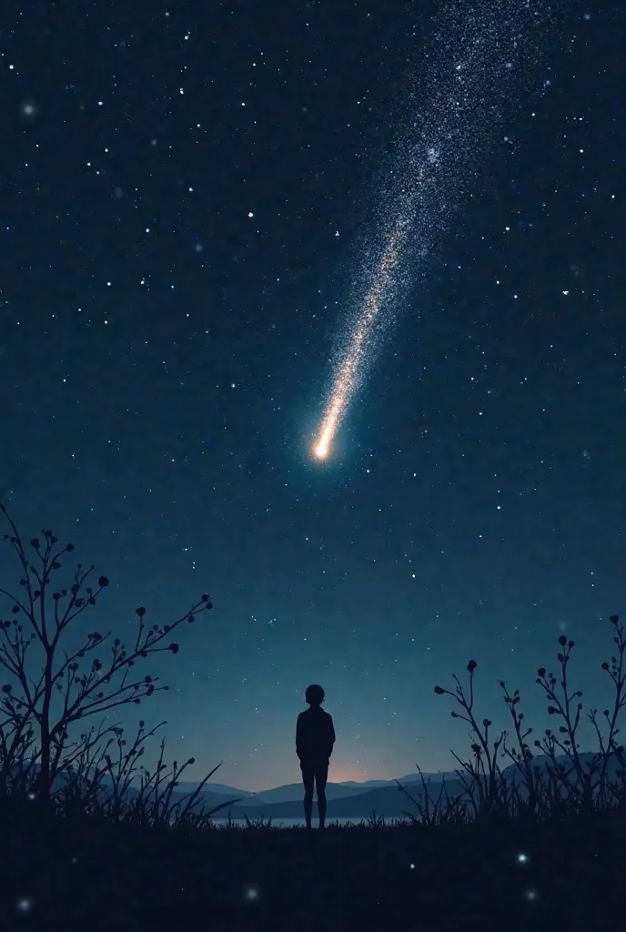 image of a shooting star passing in the bright sky and a person looking at the star 