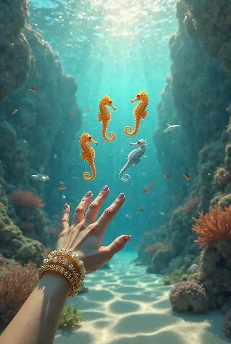 A first-person cinematic animation showing the perspective of a mermaid swimming gracefully through a vibrant underwater kingdom. The mermaid’s hands, adorned with golden bracelets and pearls, reach out to gently touch a group of seahorses drifting nearby....