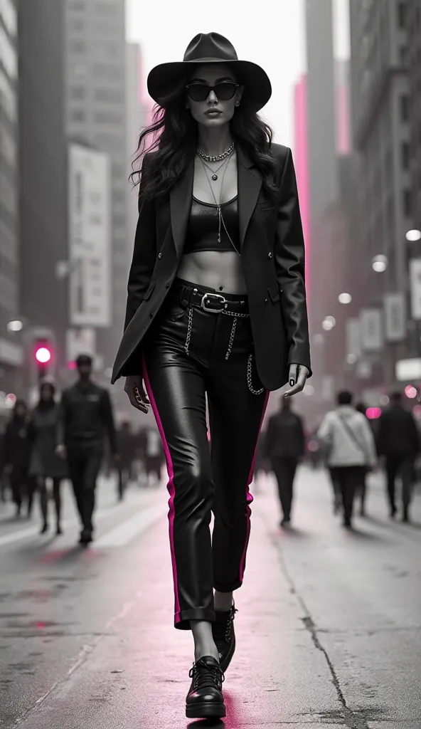  A full body image ,, beguiling a fashionable woman confidently walking through the bustling streets of a city.., Exuding an air of modern elegance and power.. She is dressed in an elegant style., Black outfit with shiny details: a fitted blazer over a cro...