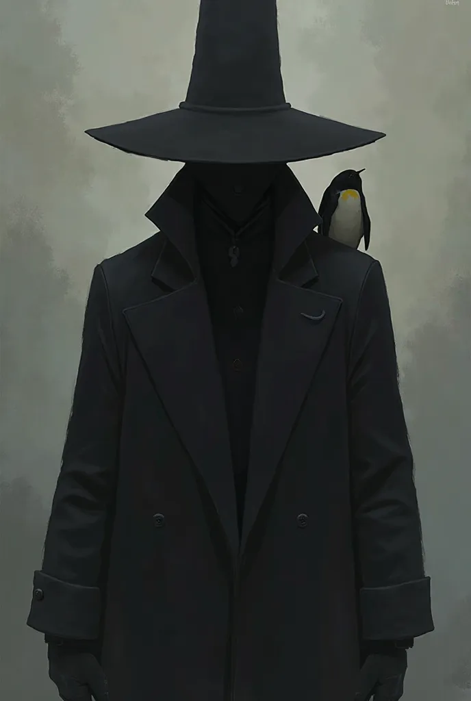  human, black coat,he has a huge hat on his head that covers his face,little penguin on his shoulder