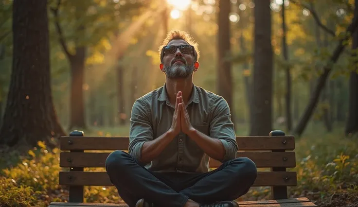 The model is wearing glass sunglA 35-year-old American man is seated on a wooden bench in a quiet forest, his hands pressed together in prayer. The sunlight filters through the trees, creating a dappled effect on the ground. The ultra-realistic 8K resoluti...