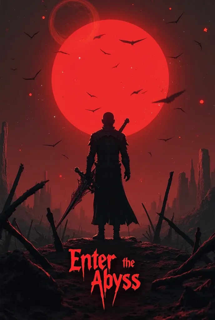 A gothic dark-fantasy mobile app welcome screen, inspired by Berserk. The background features a blood-red eclipse over a ruined battlefield. The UI is minimalist yet brutal, with sharp, black-edged buttons and glowing crimson accents. A lone warrior silhou...