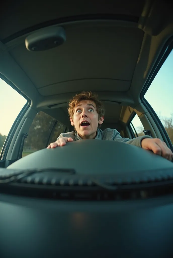 Surprised and shocked person looking from a car  , with a bottom-up point of view
