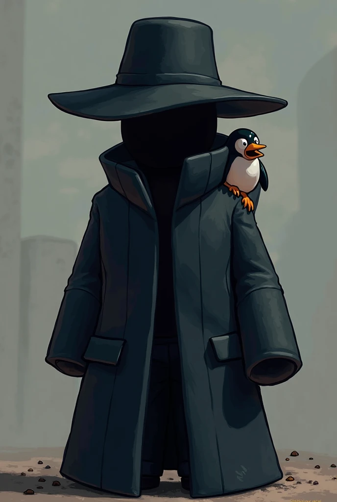 human, black coat,he has a huge hat on his head that covers his face,little penguin on his shoulder,in roblox style