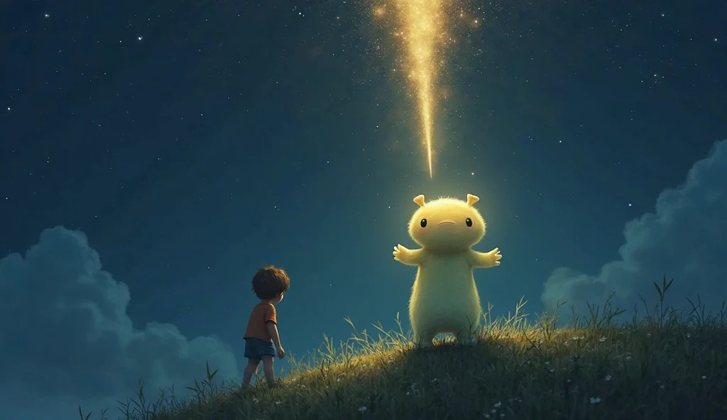 "A glowing, adorable alien-like creature standing on a hilltop at night, raising its hands toward the sky as a beautiful beam of golden light shoots upward. Stars twinkle above, and the young boy watches in awe, knowing his friend is trying to reach home. ...